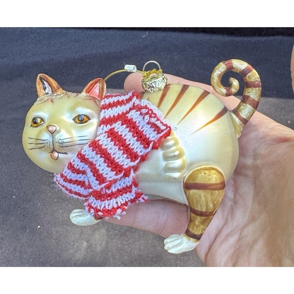 Vintage Raz Fat Cat Christmas Blown Glass Ornament -LO9